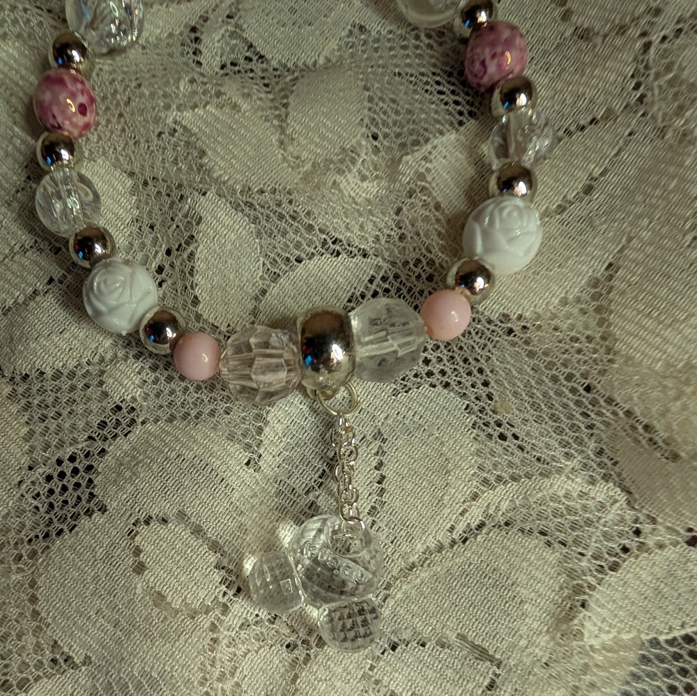 Hand Crafted Pink and  Crystal Silver Charm Bracelet